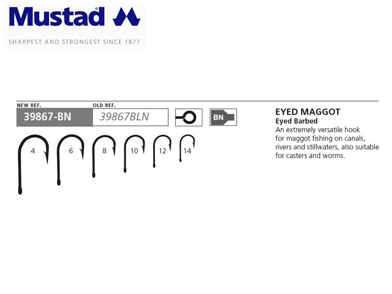 Mustad 39867-BN Bronze Eyed Maggot Hooks (Size: 14, Pack: 10