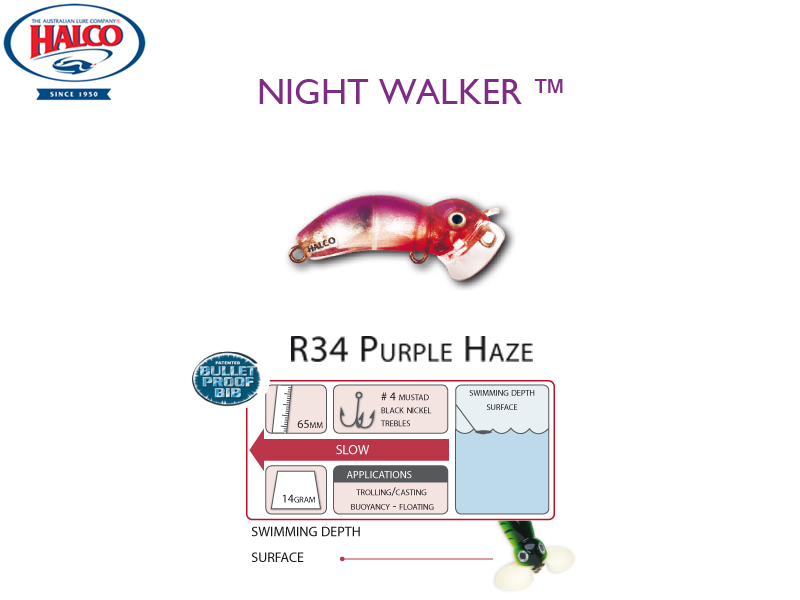 Halco Night Walker (Length: 65mm, Weight: 14gr, Color: R34 Purple Haze)