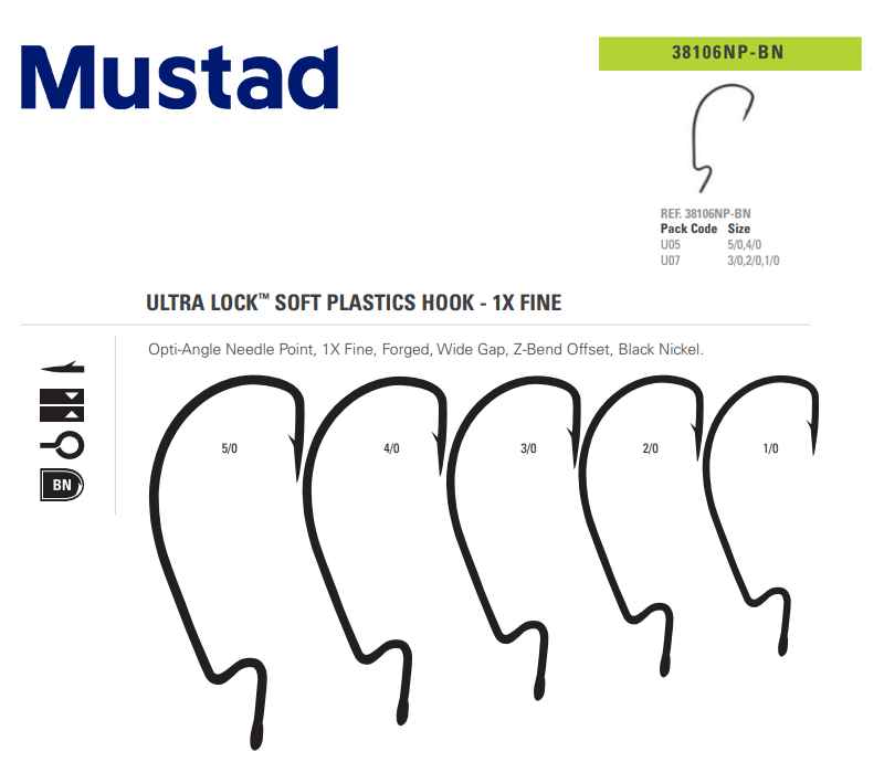 Mustad 38106NP-BN Ultra Lock™ Soft Plastic Hook - 1x Fine (Size: 5/0, Pack: 5pcs)