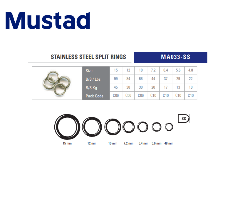 Mustad Stainless Split Rings MA033-SS (Size: 4.8mm, Breaking Strength:  10kg, Pack: 10pcs) [MUSTMA033-SS-48 ] - €1.56 : , Fishing  Tackle Shop