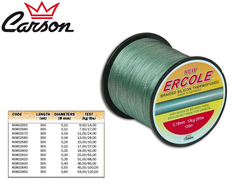 Carson Ercole Braided Lines (Size: 0,50mm, Test(kg/lbs): 45,00/120,00, Length: 300m)