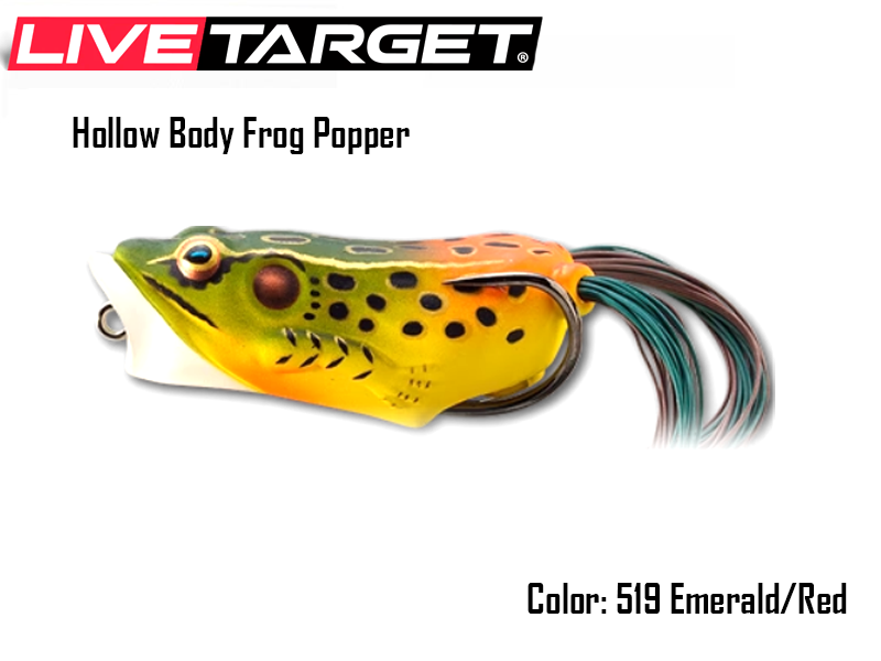 Live Target Hollow Body Frog Popper (Size: 65mm, Weight: 14gr, Color: 519 Emerald/Red)
