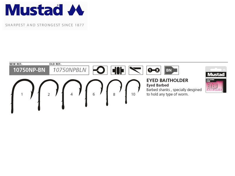 Mustad 10750NP-BN Eyed Baitholder Hooks (Model: Eyed Barbed, Color: Black, Size: 4)