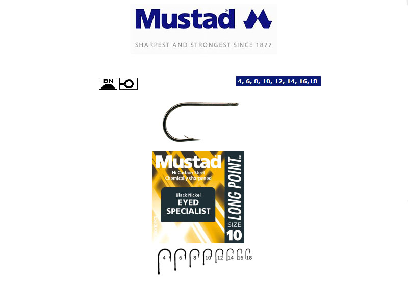 Mustad Black Nickel Eyed Specialist Hooks (Size: 4, Pack: 10)