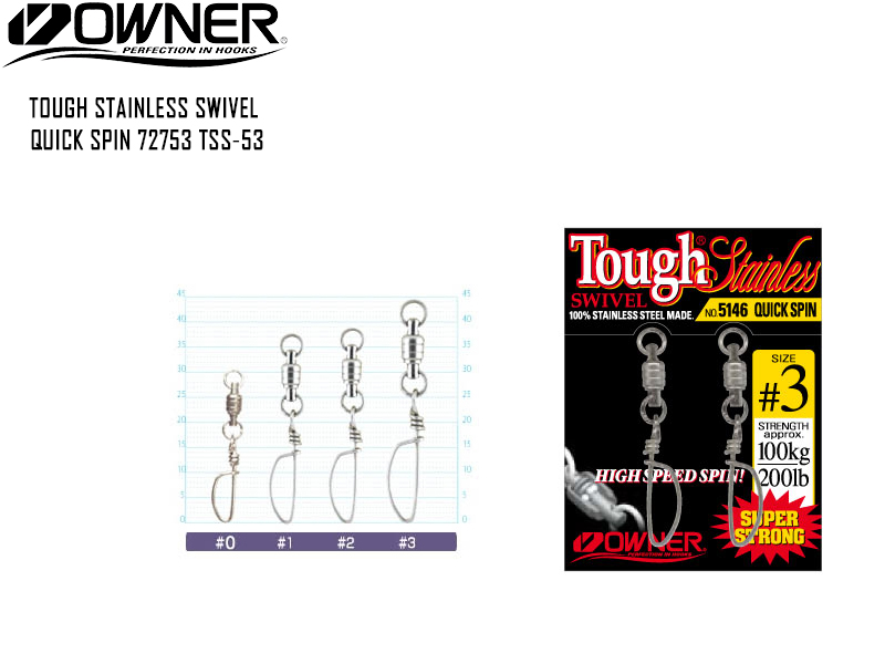 Owner 72753 TSS-53 Tough Stainless Swivel Quick Spin (Size:#3, Strength:83lb/38kg, Pack:2pcs)