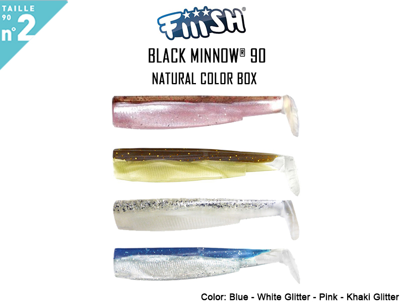 FIIISH Black Minnow 90 Bodies - Natural Color Box ( Color: Blue - White Glitter - Pink - Khaki Glitter, Pack: 4pcs)