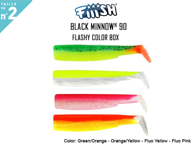 FIIISH Black Minnow 90 Bodies - Flashy Color Box ( Color: Green/Orange - Orange/Yellow - Fluo Yellow - Fluo Pink)