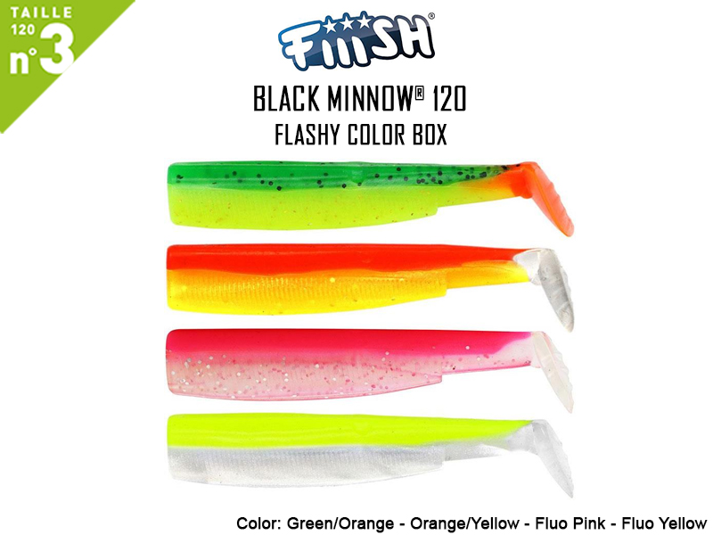 FIIISH Black Minnow 120 Bodies - Flashy Color Box ( Color: Green/Orange - Orange/Yellow - Fluo Pink - Fluo, Pack: 4pcs)