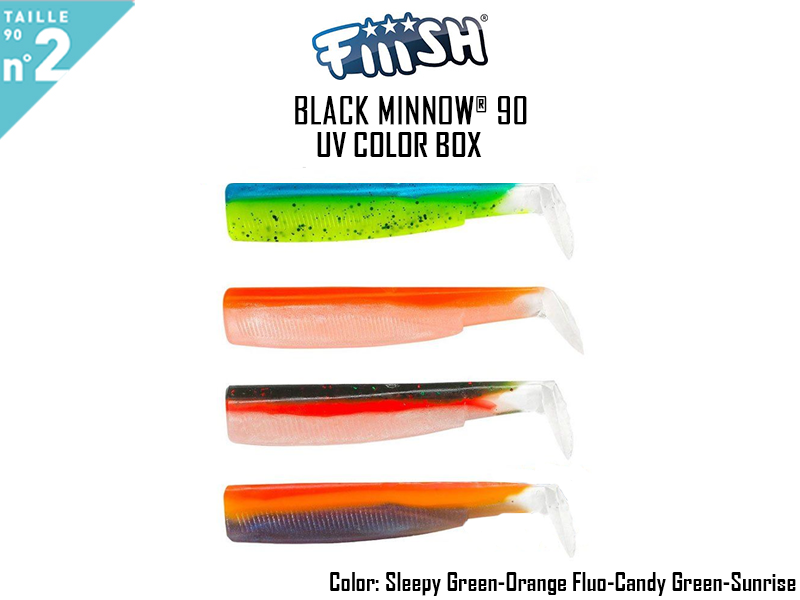 FIIISH Black Minnow 90 Bodies -UV Color Box ( Color: Sleepy Green-Orange Fluo-Candy Green-Sunrise)