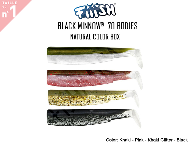 FIIISH Black Minnow 70 Bodies - Natural Color Box ( Color: Khaki - Pink - Khaki Glitter - Black, Pack: 4pcs)