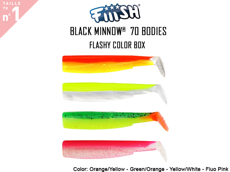 FIIISH Black Minnow 70 Bodies - Flashy Color Box ( Color: Orange/Yellow - Green/Orange - Fluo Pink - White , Pack: 4pcs)