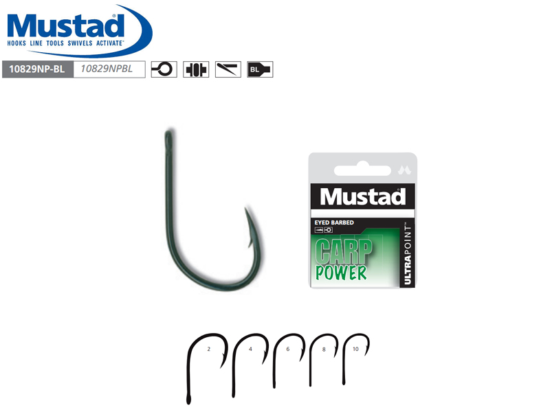 Mustad 10829NPBL Carp Power Eyed Barbed (Size: 2, Pack: 10)