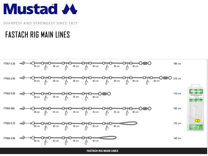 Mustad Fastach Rig Main Lines FTR03 (Length: 110cm, Line Diameter: 0.50mm, Connectors: 3pcs)