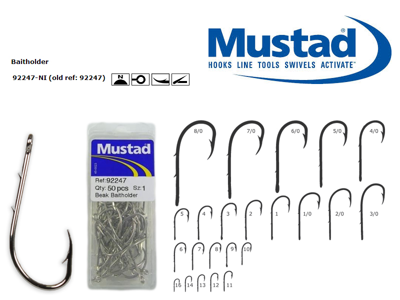 Mustad 92247 Baitholder Hooks (Size: 1, Pack: 50)