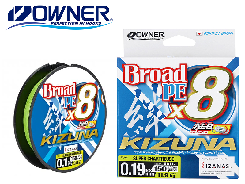 Owner Broad PE X8 Kizuna 135mt ( P.E: 1.2/0.15mm, Strength: 8.2kg/18lb, Color: Super Chartreuse)