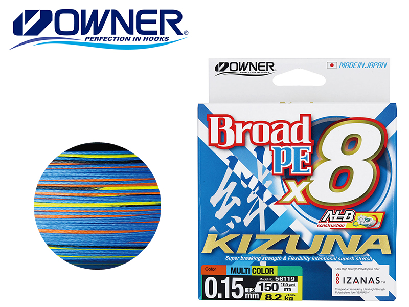 Owner Broad PE X8 Kizuna 150mt ( P.E: 0.8/0.12mm, Strength: 5.4kg/12lb, Color: Multi-Color)