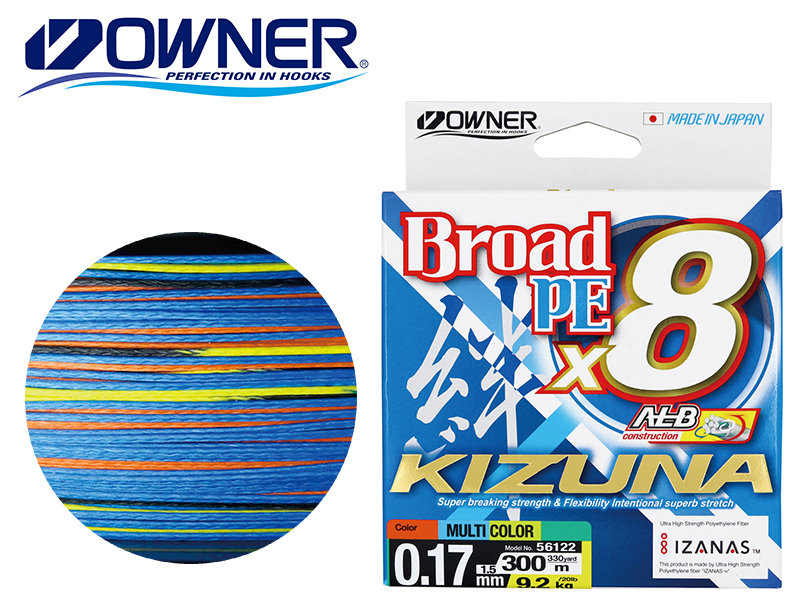 Owner Broad PE X8 Kizuna 500mt ( P.E: 2.0/0.19mm, Strength: 11.9kg/26lb, Color: Multi-Color)